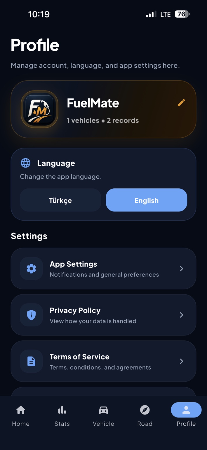 Fuel Mate profile screen