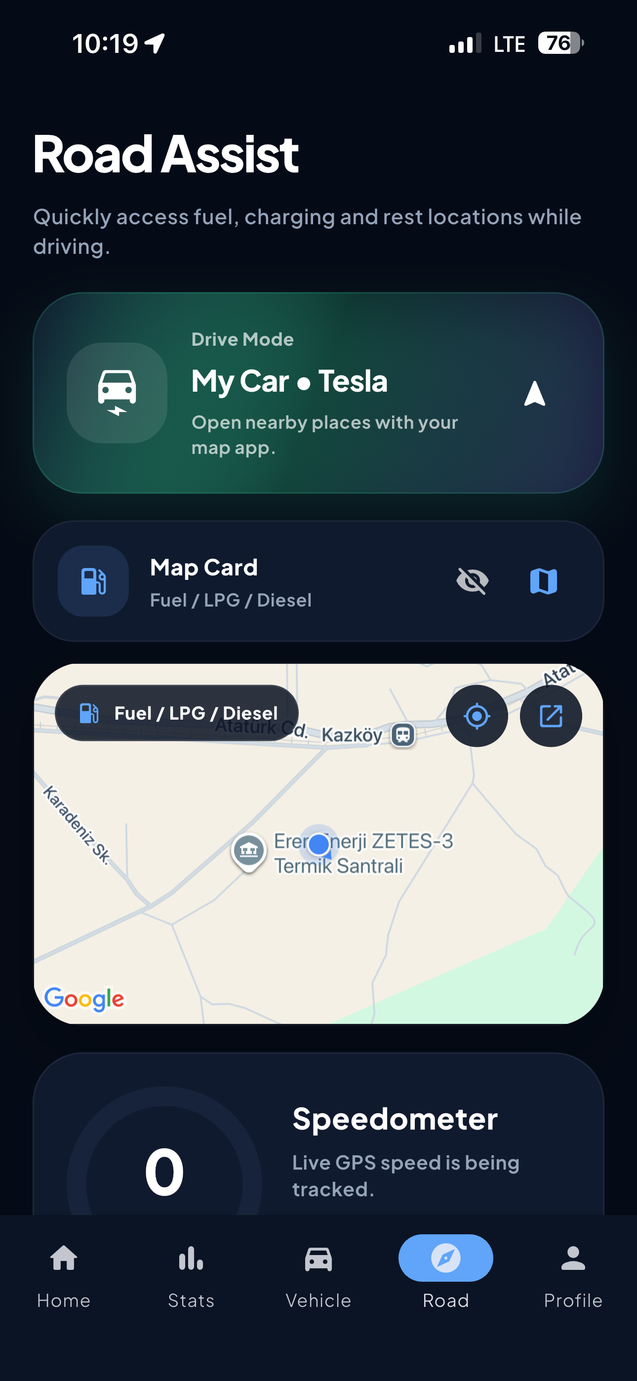 Fuel Mate road assistant screen